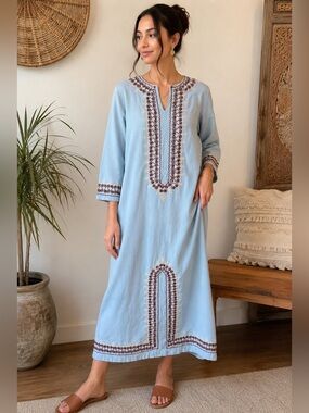 Vintage Fashion Five Light Blue Kaftan Cotton Embroidered Dress Size M Boho